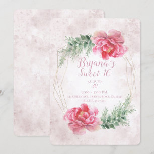 Blush Pink Floral Wasserfarbe Süß 16 Party Einladung