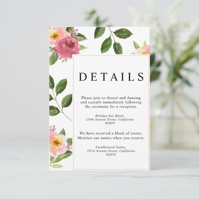 Blush Pink Floral Watercolor Hochzeit Begleitkarte (Stehend Vorderseite)