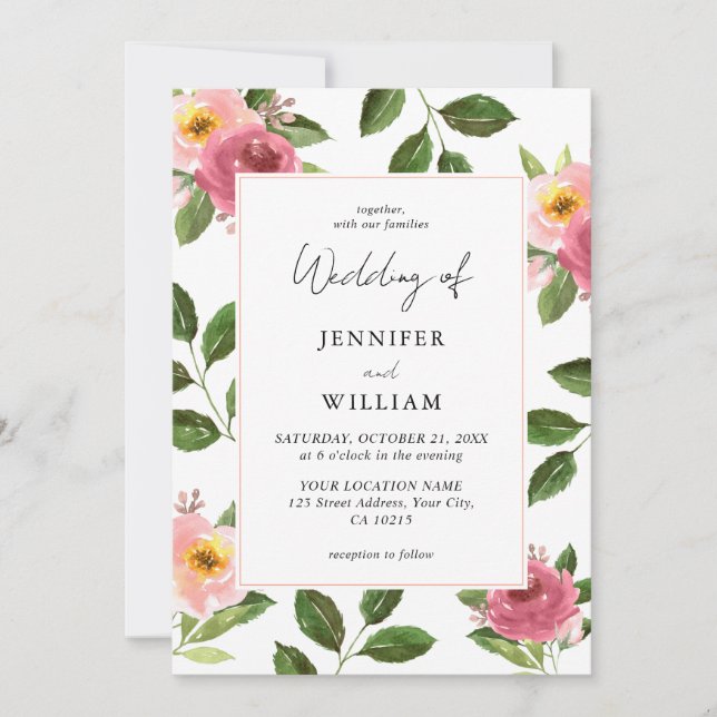 Blush Pink Floral Watercolor Hochzeit Einladung (Vorderseite)