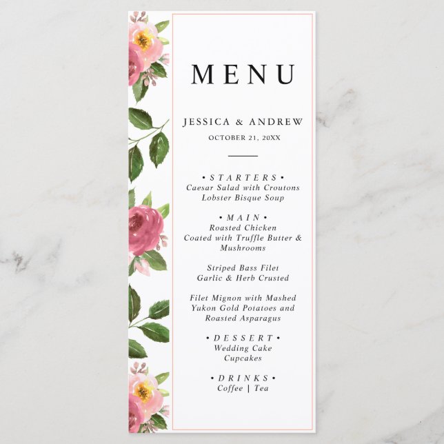 Blush Pink Floral Watercolor Hochzeit Menükarte (Vorderseite)
