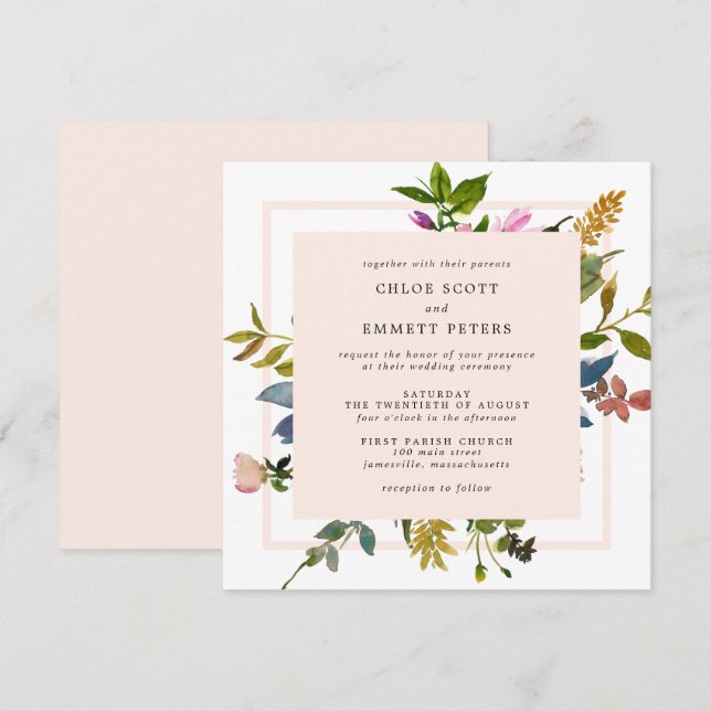 Blush Pink Floral Watercolor Square Hochzeit Einladung (Vorne/Hinten)