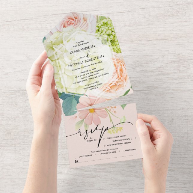 Blush Pink Floral Wedding All In One Einladung (Abreißen)