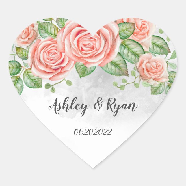 Blush Pink Floral Wedding Classic Herz-Aufkleber (Vorderseite)