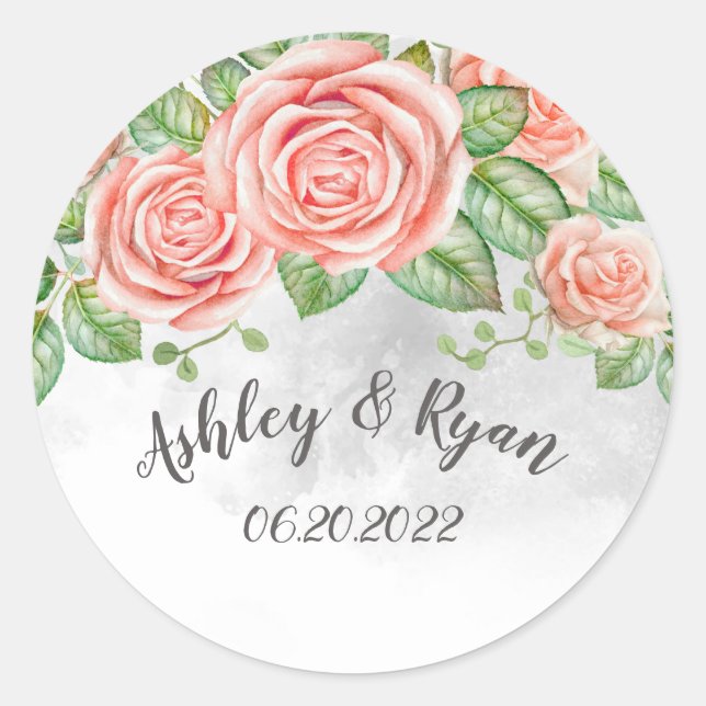 Blush Pink Floral Wedding Classic Round Sticker (Vorderseite)
