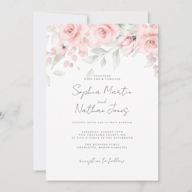 Blush Pink Floral Wedding Einladung (Vorderseite)