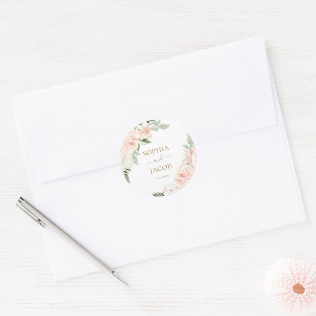 Blush Pink Floral Wedding Einladung Umschlag Aufkl Runder Aufkleber (Umschlag)