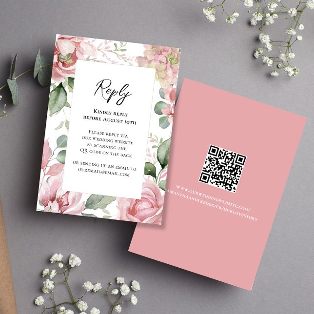 Blush Pink Floral Wedding Elegant RSVP Karte (Simply add your URL to the template to generate a scannable QR code. )