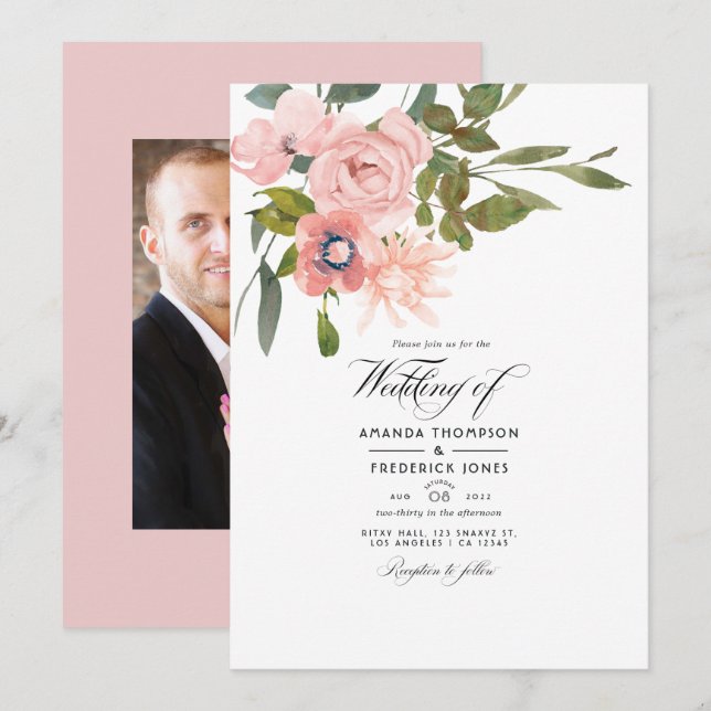 Blush Pink Floral Wedding Foto Einladung (Vorne/Hinten)