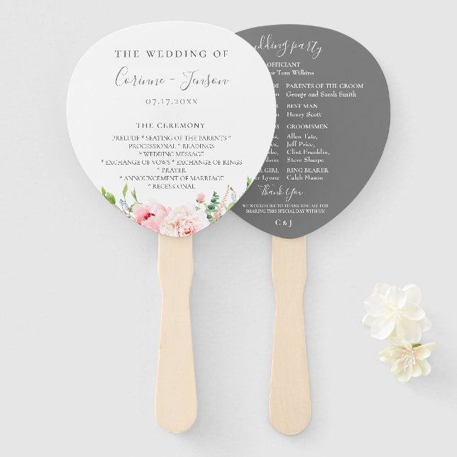 Blush Pink Floral Wedding Program Hand Fans Fächer (Vorne und Hinten)