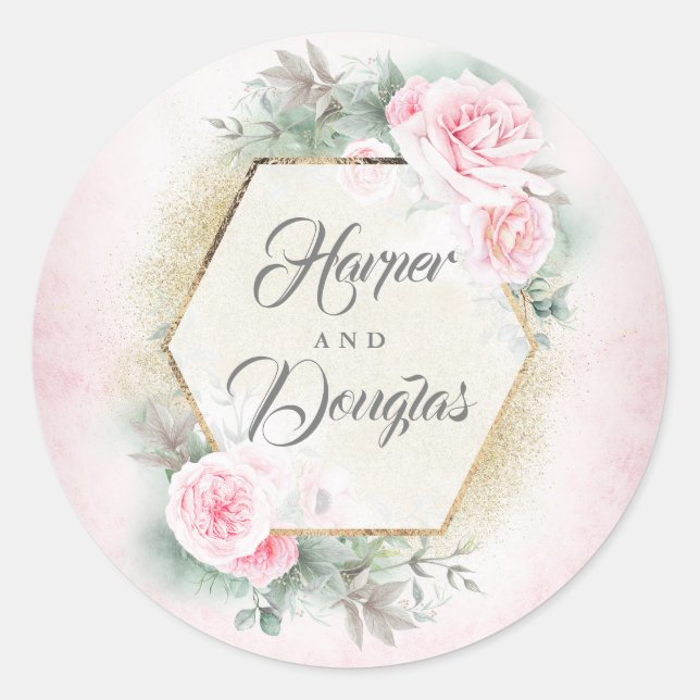 Blush Pink Floral Wedding Runder Aufkleber (Vorderseite)