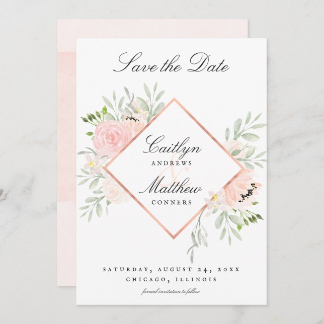 Blush Pink Floral Wedding Save the Date (Vorne/Hinten)