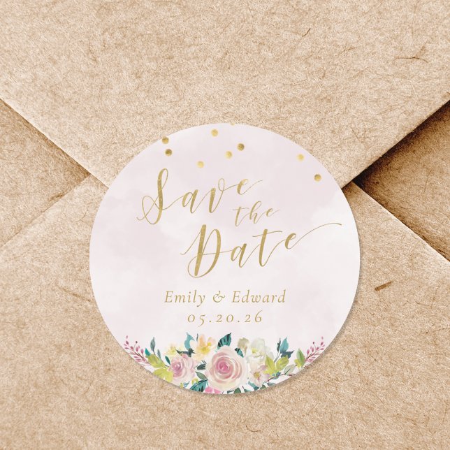 Blush Pink Floral Wedding Save the Date Runder Aufkleber (Von Creator hochgeladen)
