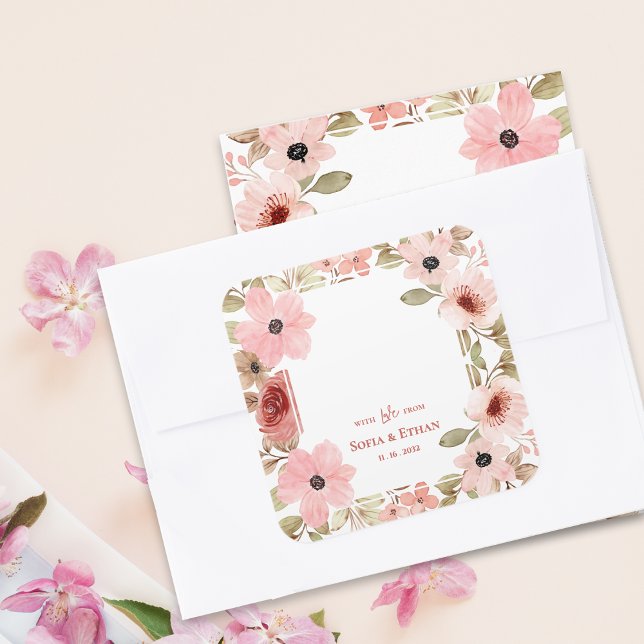 Blush Pink Floral Wedding Thank You Favor Quadratischer Aufkleber (Blush Pink Floral Wedding Thank You Favor Square Sticker)
