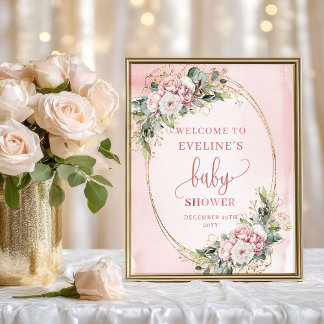 Blush Pink Floral Welcome Baby Shower Display Sign Poster