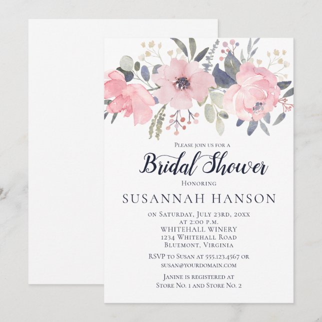 Blush Pink Floral White Brautparty Einladung (Vorne/Hinten)