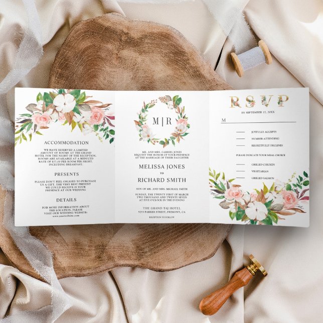 Blush Pink Floral White Magnolia Cotton Wedding Dreifach Gefaltete Einladung (Von Creator hochgeladen)