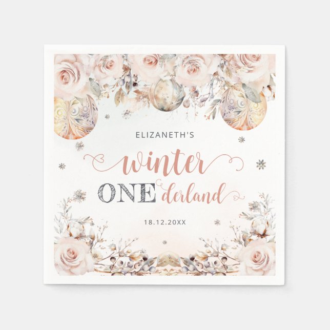 Blush Pink Floral Winter Onederland Girl Geburtsta Serviette (Vorderseite)