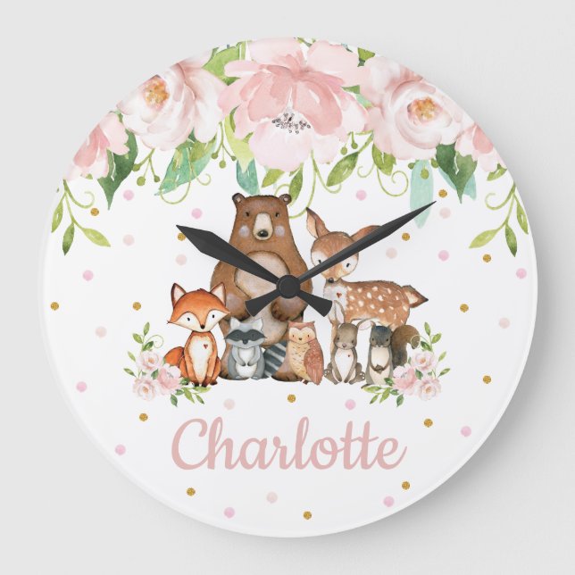 Blush Pink Floral Woodland Animals Girl Nursery Große Wanduhr (Vorderseite)