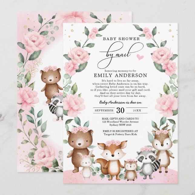 Blush Pink Floral Woodland Animals Kinderdusche Einladung (Vorne/Hinten)