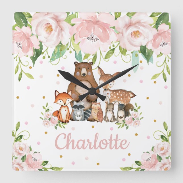 Blush Pink Floral Woodland Animes Girl Kinderzimme Quadratische Wanduhr (Vorderseite)