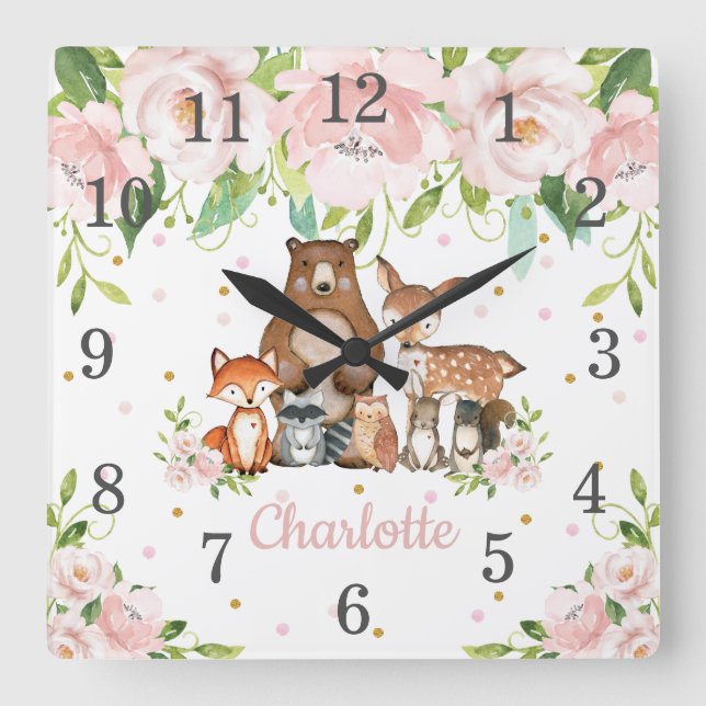 Blush Pink Floral Woodland Tiere Girl Kinderzimmer Quadratische Wanduhr (Vorderseite)