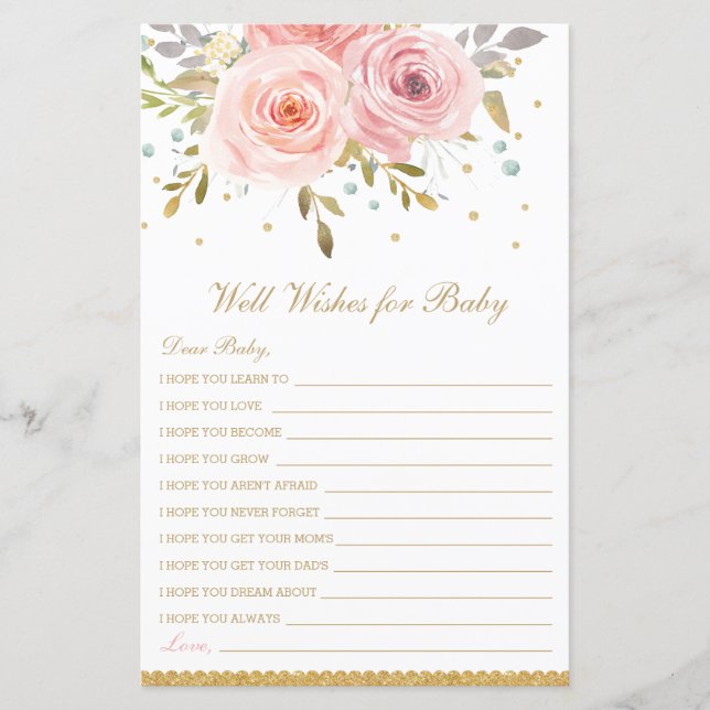 Blush Pink Floral Wünsche für Baby Dusche Aktivitä (Vorderseite)