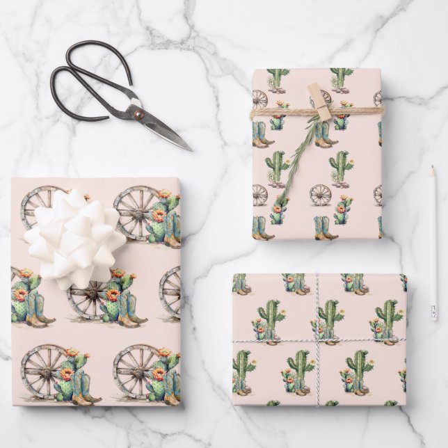 Blush Pink Floral Wüsten Kaktus Western Boots Geschenkpapier Set (Vorderseite)