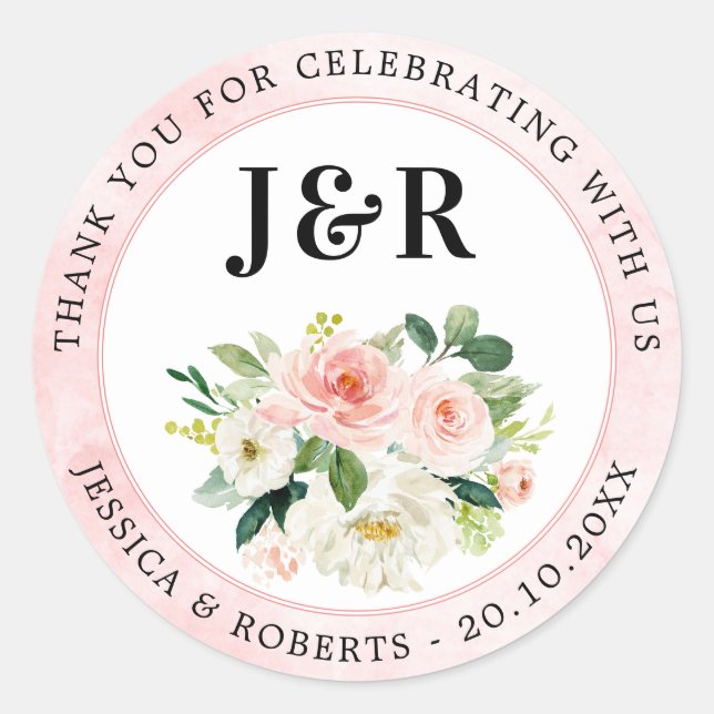 Blush Pink Florals Botanische Hochzeit Danke Cla Runder Aufkleber (Vorderseite)