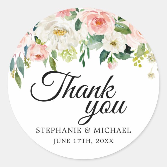 Blush Pink Florals Botanische Hochzeit Vielen Dank Runder Aufkleber (Vorderseite)