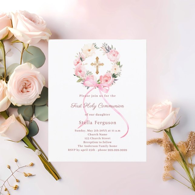 Blush pink florals bow First Communion invitation (Von Creator hochgeladen)