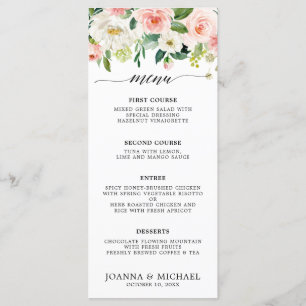 Blush Pink Florals Moderne botanische Hochzeit Menükarte