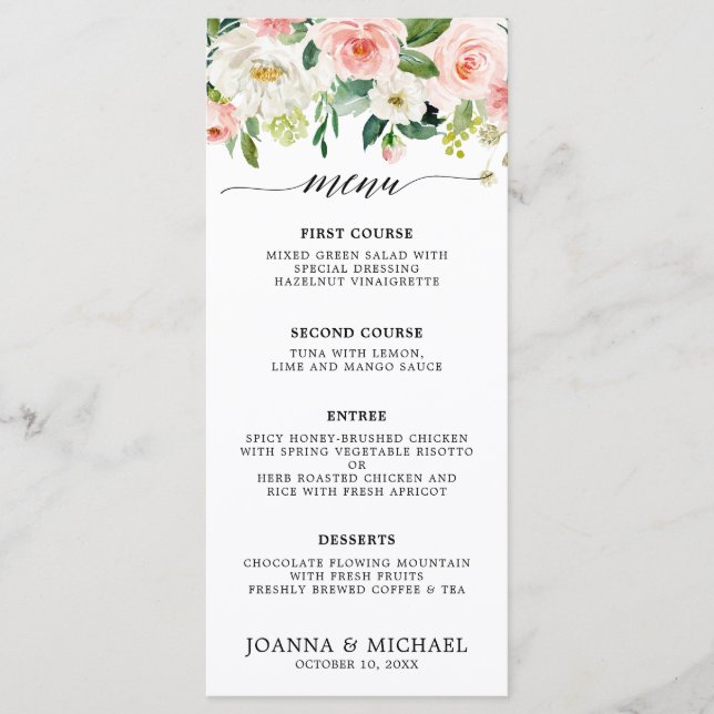 Blush Pink Florals Moderne botanische Hochzeit Menükarte (Vorderseite)