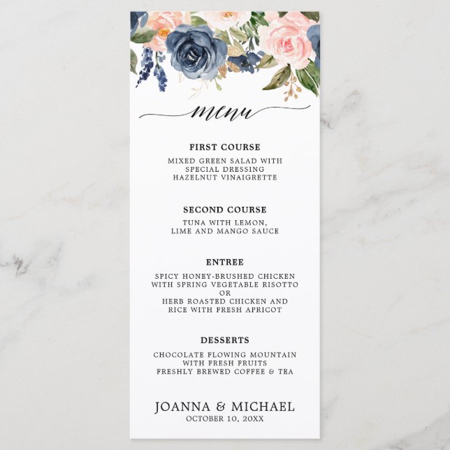 Blush Pink Florals Moderne botanische Hochzeit Menükarte (Vorderseite)