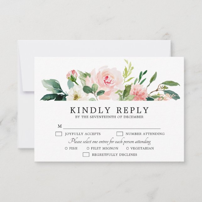 Blush Pink Florals Moderne botanische Hochzeit RSVP Karte (Vorderseite)