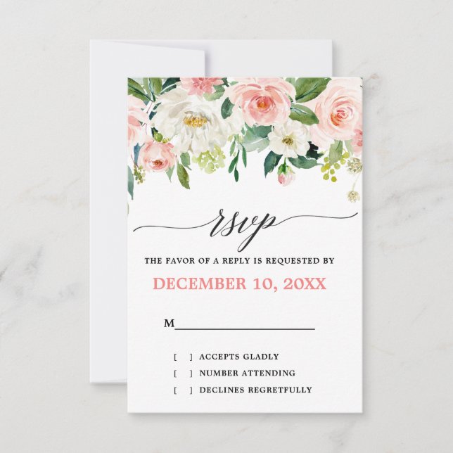 Blush Pink Florals Moderne botanische Hochzeit RSVP Karte (Vorderseite)