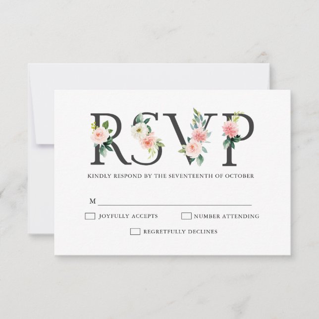 Blush Pink Florals Moderne botanische Hochzeit RSVP Karte (Vorderseite)