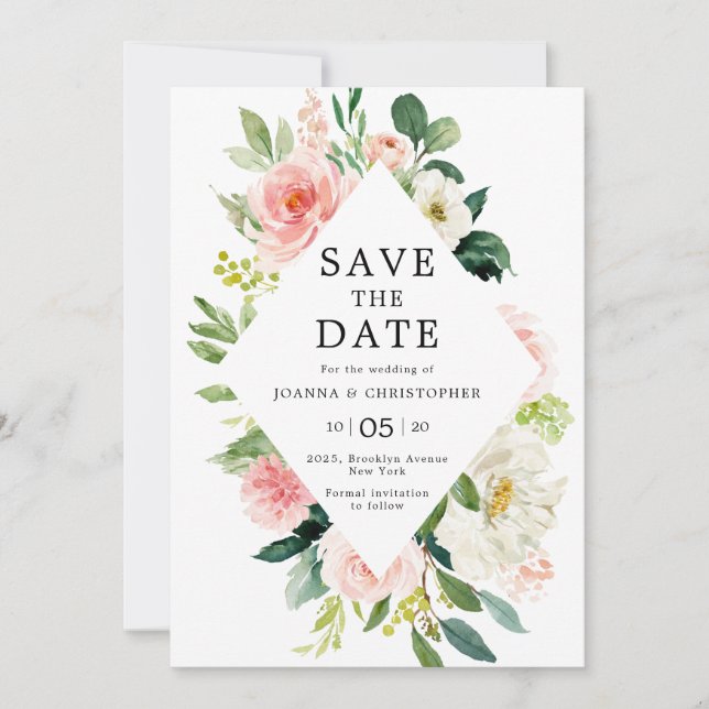 Blush Pink Florals Moderne botanische Hochzeit Save The Date (Vorderseite)