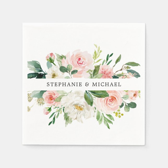 Blush Pink Florals Moderne botanische Hochzeit Serviette (Vorderseite)