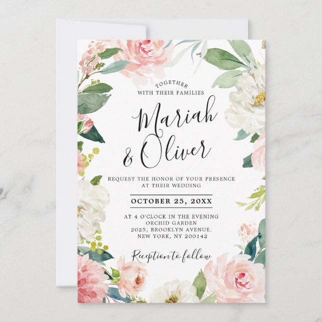 Blush Pink Florals Moderne botanische Rahmen Hochz Einladung (Vorderseite)