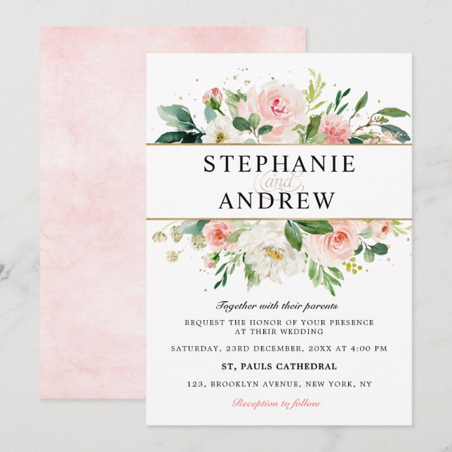 Blush Pink Florals Moderne goldene Hochzeit Einladung (Vorne/Hinten)