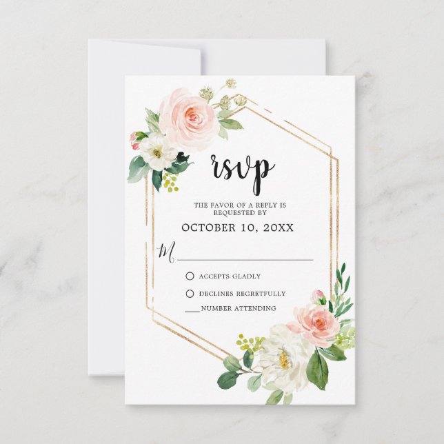 Blush Pink Florals Moderner geometrischer Goldrahm RSVP Karte (Vorderseite)