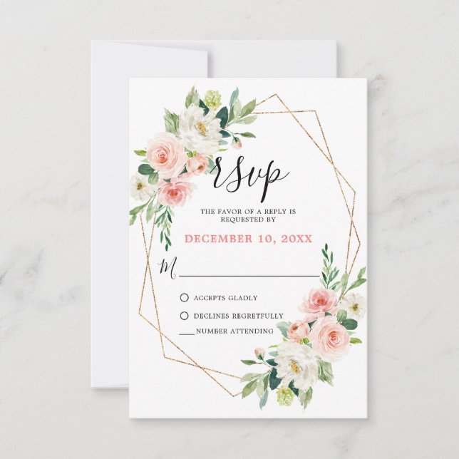 Blush Pink Florals Moderner geometrischer Goldrahm RSVP Karte (Vorderseite)