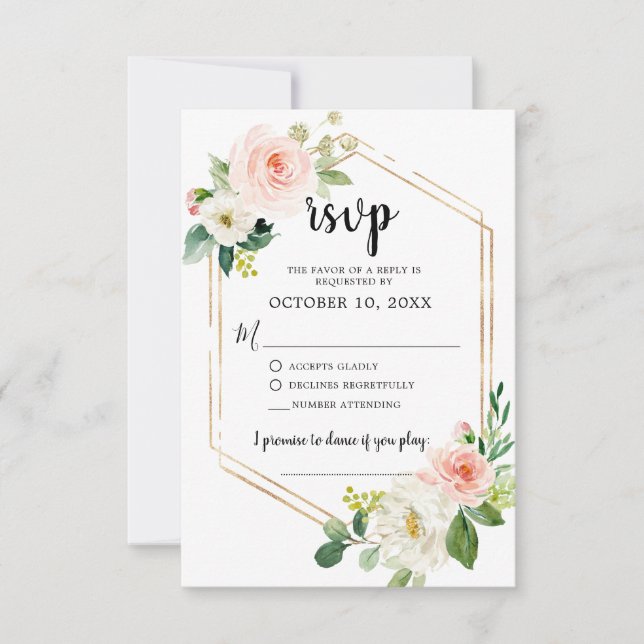 Blush Pink Florals Moderner geometrischer Goldrahm RSVP Karte (Vorderseite)