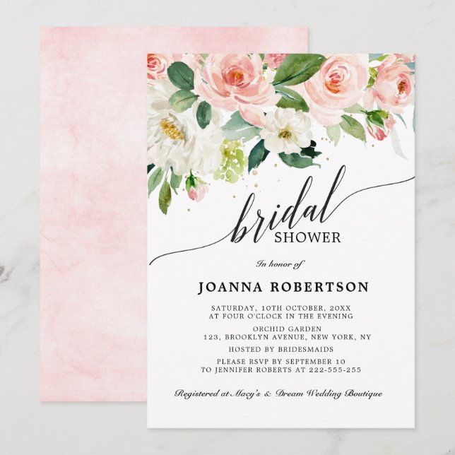 Blush Pink Florals Modernes botanisches Brautparty Einladung (Vorne/Hinten)