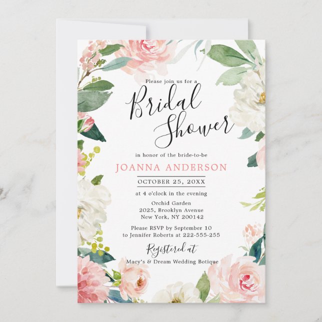 Blush Pink Florals Modernes botanisches Brautparty Einladung (Vorderseite)