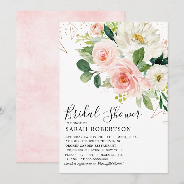 Blush Pink Florals Modernes botanisches Brautparty Einladung (Vorne/Hinten)