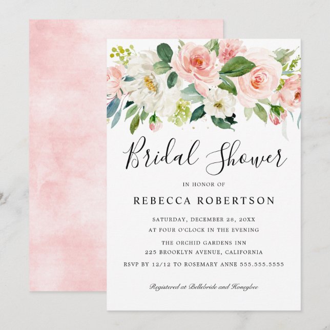 Blush Pink Florals Modernes botanisches Brautparty Einladung (Vorne/Hinten)