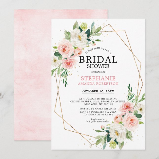 Blush Pink Florals Modernes geometrisches Brautpar Einladung (Vorne/Hinten)