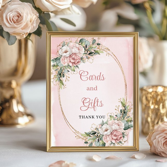 Blush Pink Flowers Gold Glitter Cards and Gifts  Poster (Blush Pink Flowers Gold Glitter Cards and Gifts Sign)