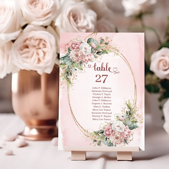 Blush Pink Flowers Greenery Gold Glitter Table Sig Tischnummer (Blush Pink Flowers Greenery Gold Glitter Table Numbers)